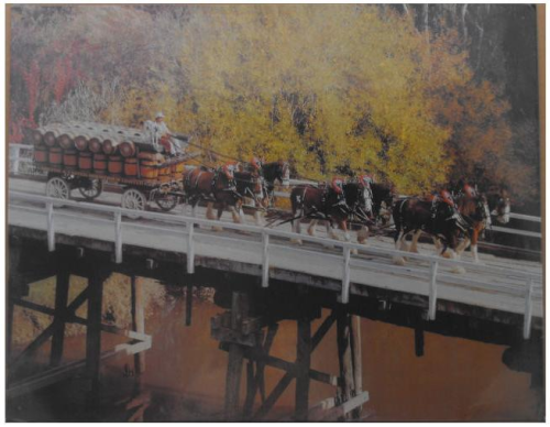 Blechschild Clydesdale horsedrawn Beer Cart on Bridge