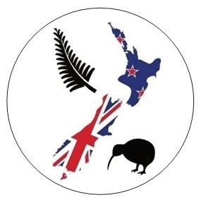 Aufkleber NZ Inselumriss + Farn + Kiwi 2x rund ca. 4cm Ø