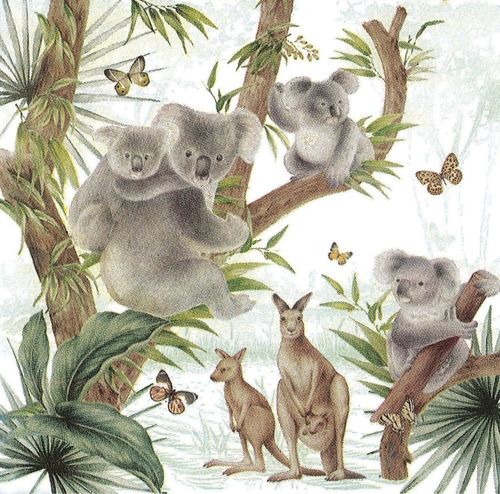 Servietten Kangaroos/Koalas/Butterflies x20 ca. 33x33xm 3-lagig